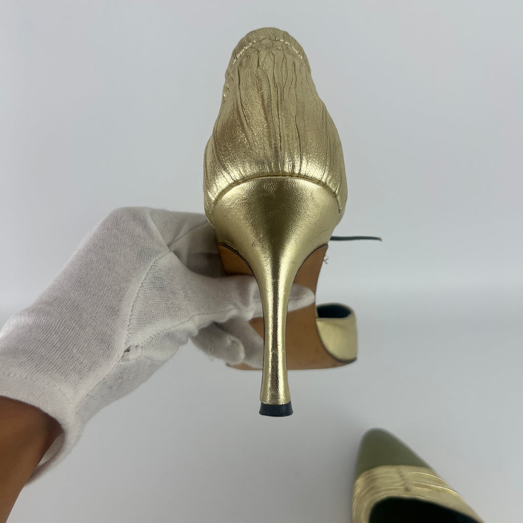 Manolo Blahnik | Metallic Gold Green Leather Ribbon Bow D'Orsay Pumps (39)