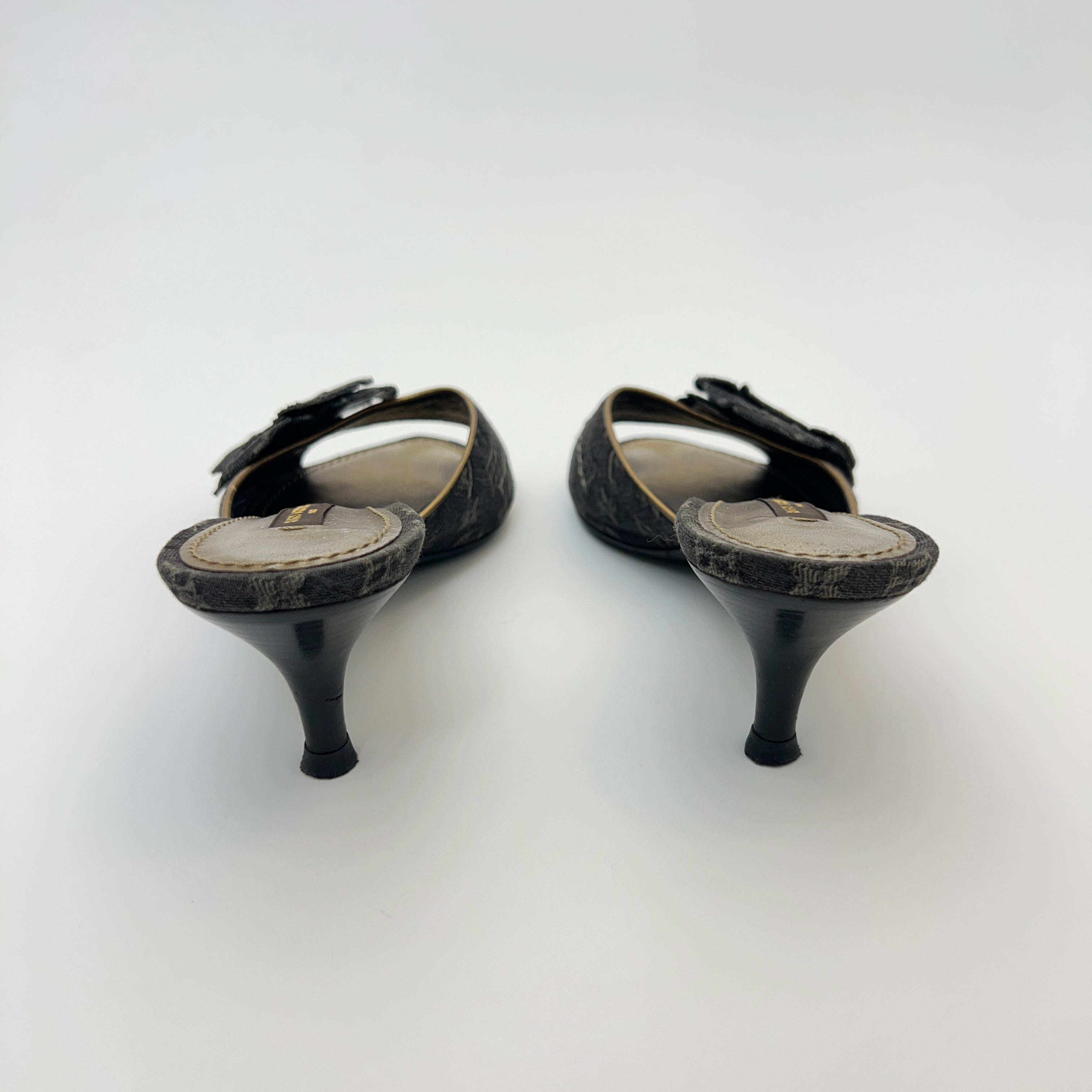 Louis Vuitton | Vintage Black Denim Flower LV Monogram Kitten Heel Mules (35)