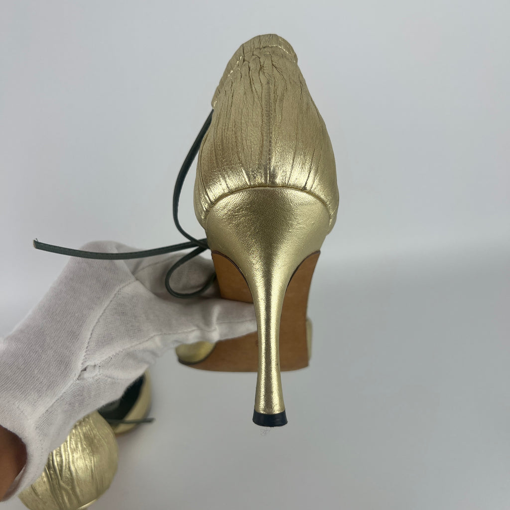 Manolo Blahnik | Metallic Gold Green Leather Ribbon Bow D'Orsay Pumps (39)