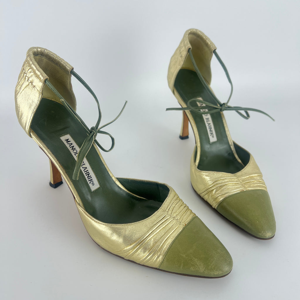 Manolo Blahnik | Metallic Gold Green Leather Ribbon Bow D'Orsay Pumps (39)