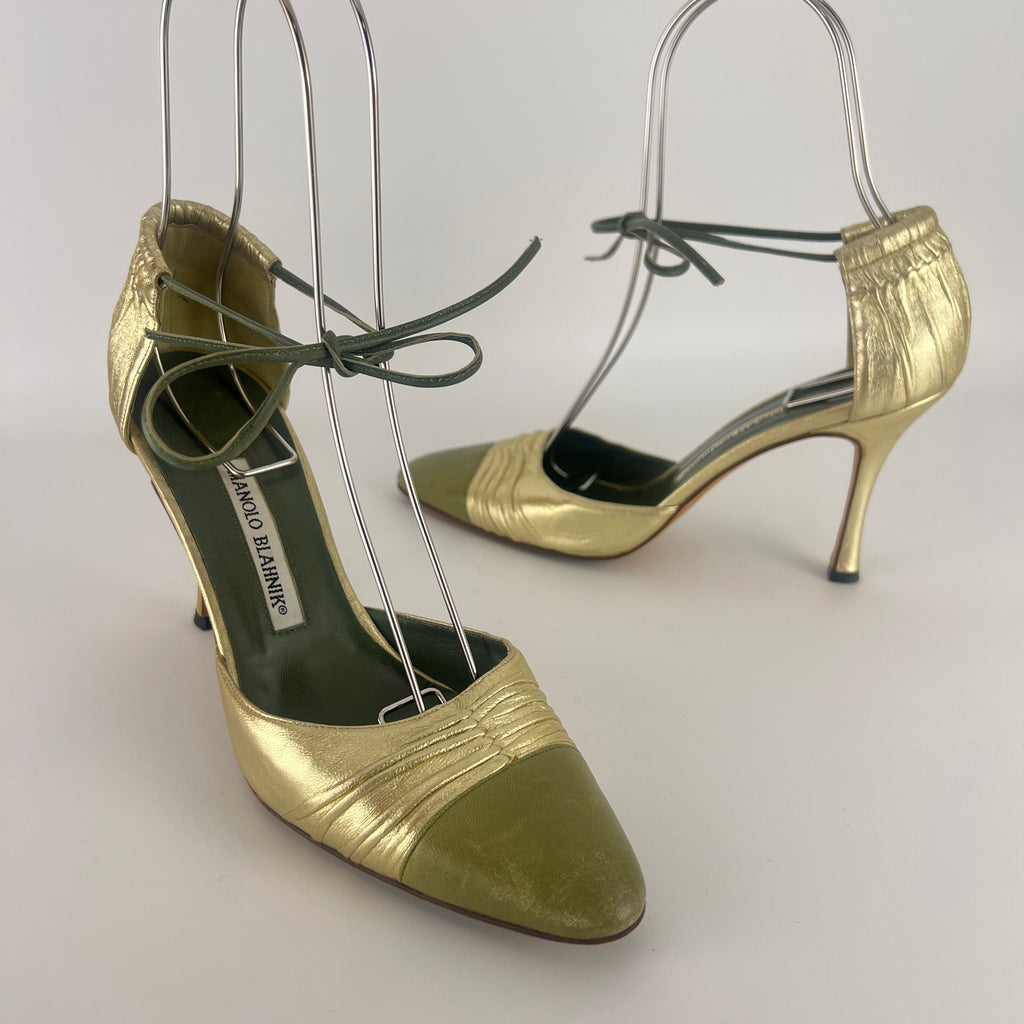 Manolo Blahnik | Metallic Gold Green Leather Ribbon Bow D'Orsay Pumps (39)