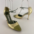 Manolo Blahnik | Metallic Gold Green Leather Ribbon Bow D'Orsay Pumps (39)