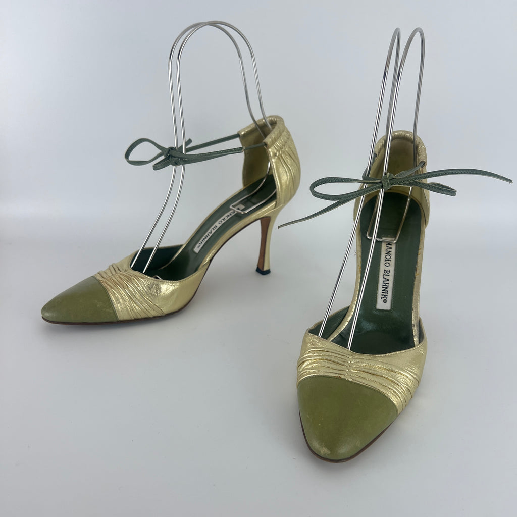 Manolo Blahnik | Metallic Gold Green Leather Ribbon Bow D'Orsay Pumps (39)