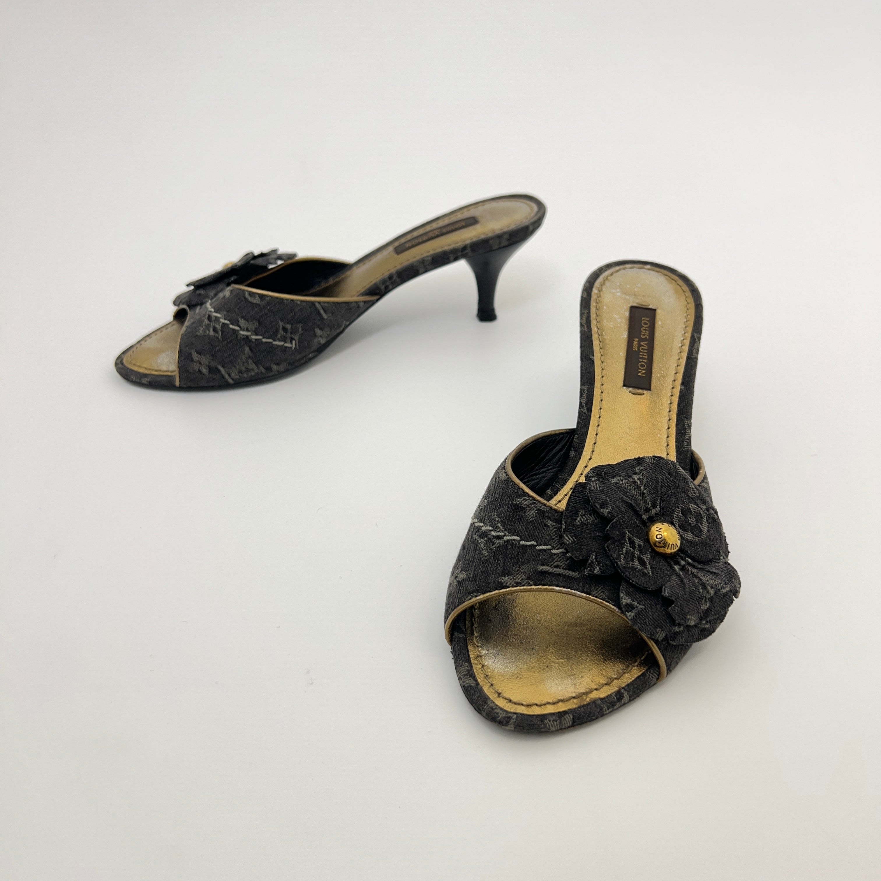 Louis Vuitton | Vintage Black Denim Flower LV Monogram Kitten Heel Mules (35)