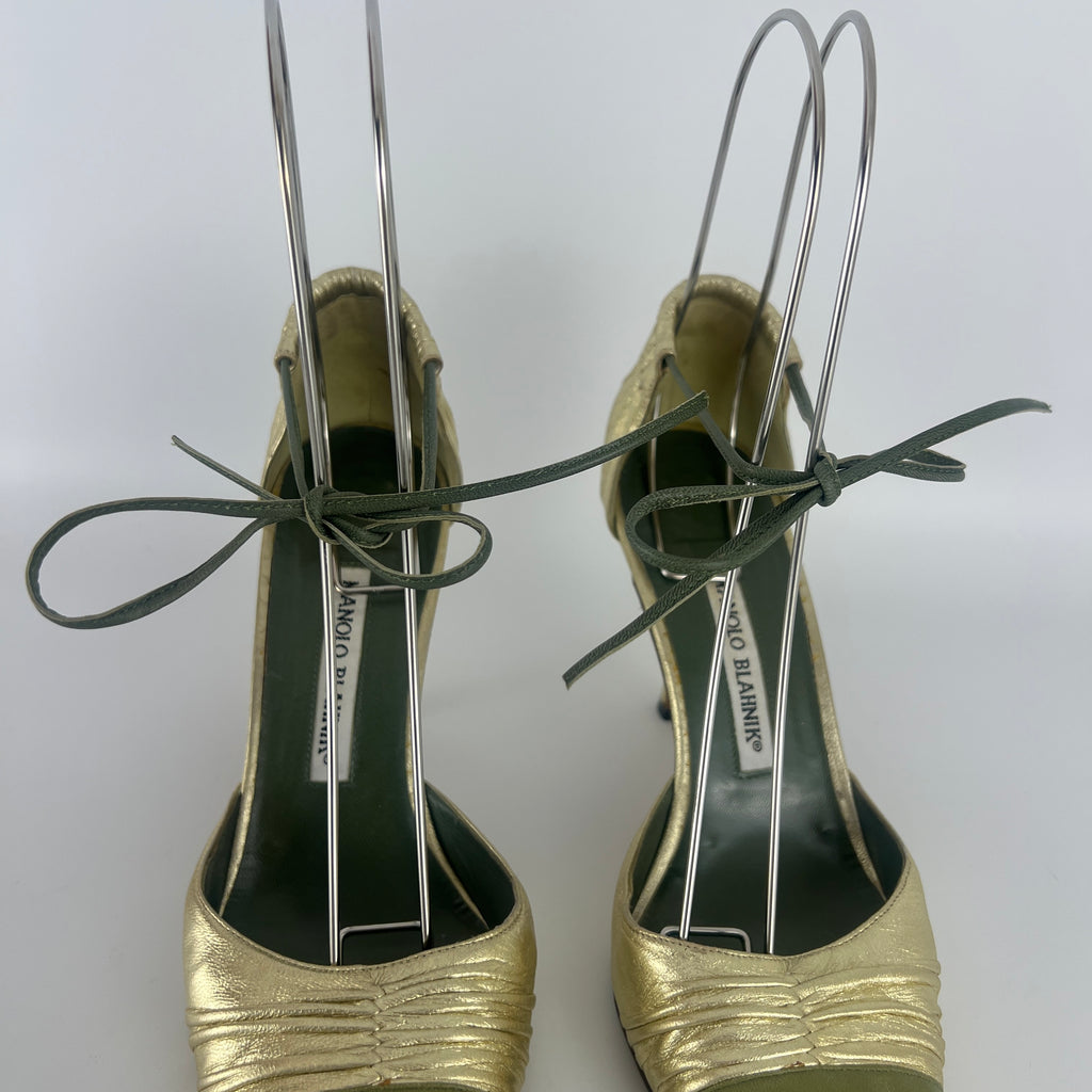 Manolo Blahnik | Metallic Gold Green Leather Ribbon Bow D'Orsay Pumps (39)