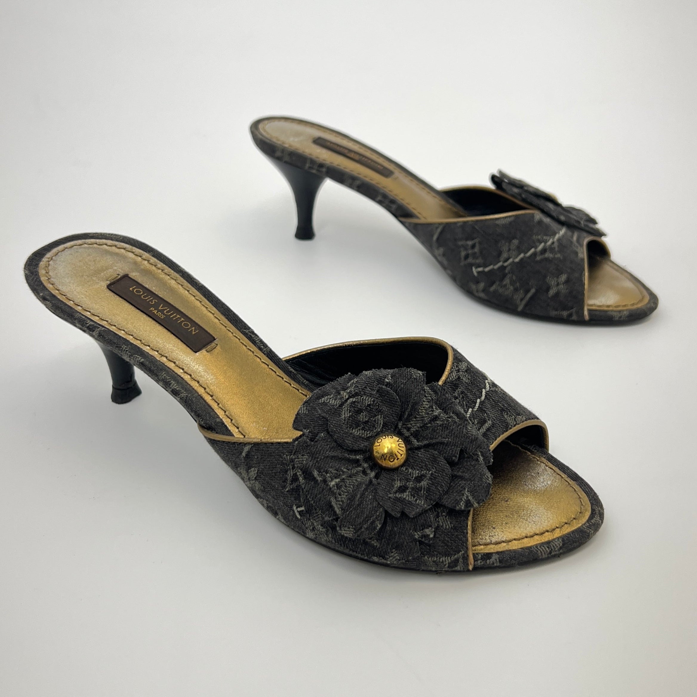 Louis Vuitton | Vintage Black Denim Flower LV Monogram Kitten Heel Mules (35)