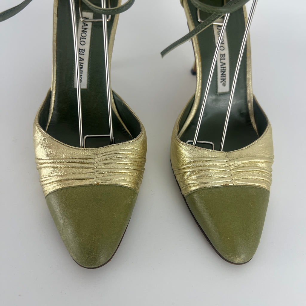 Manolo Blahnik | Metallic Gold Green Leather Ribbon Bow D'Orsay Pumps (39)