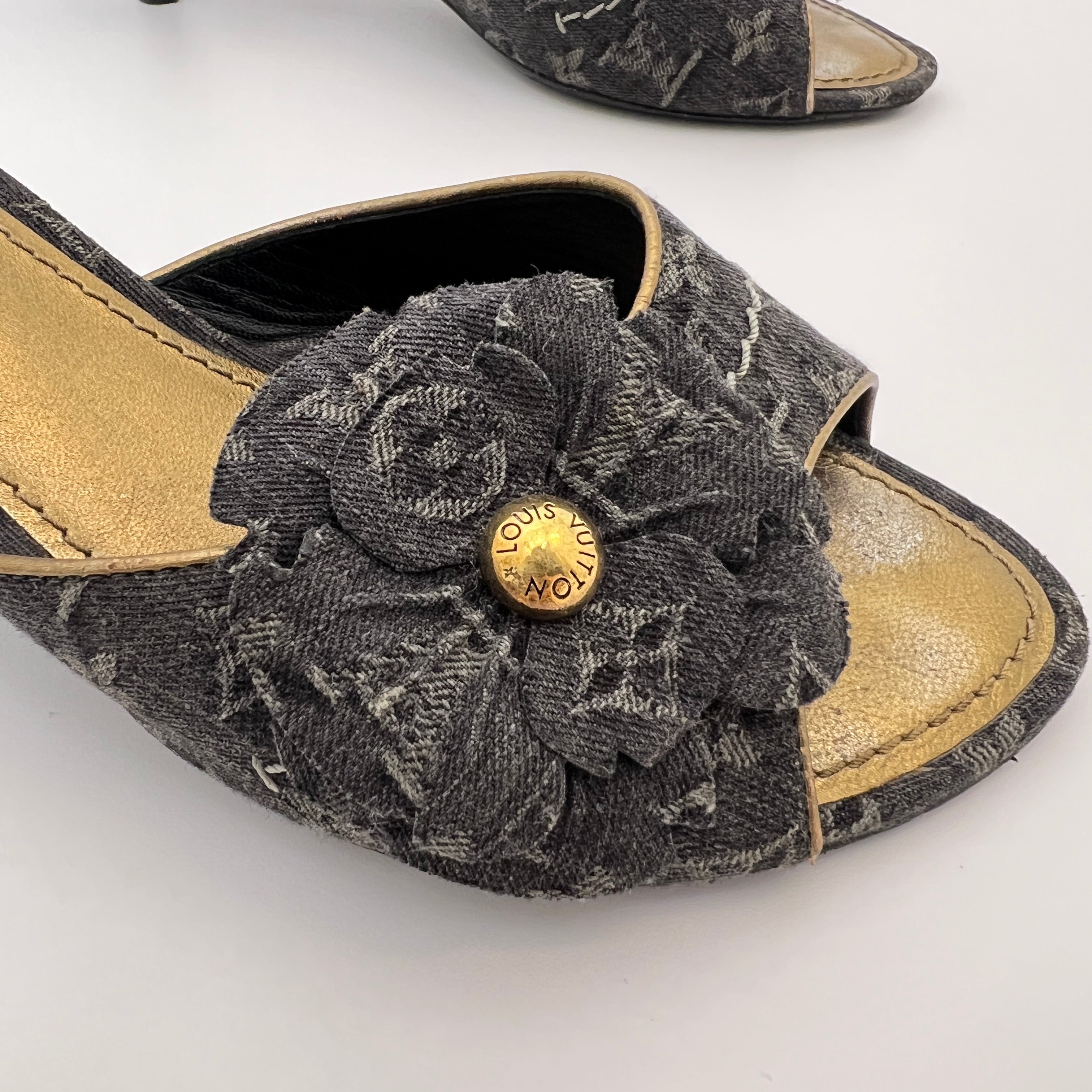 Louis Vuitton | Vintage Black Denim Flower LV Monogram Kitten Heel Mules (35)