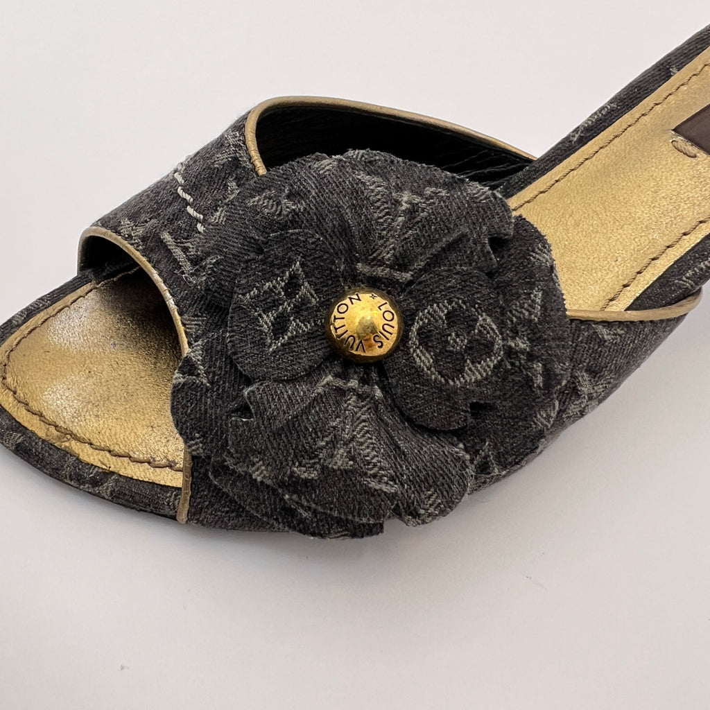 Louis Vuitton | Vintage Black Denim Flower LV Monogram Kitten Heel Mules (35)