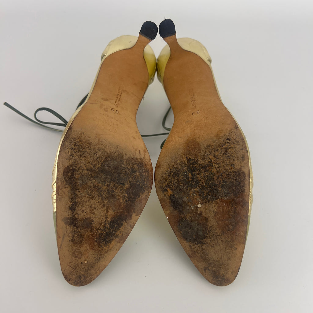 Manolo Blahnik | Metallic Gold Green Leather Ribbon Bow D'Orsay Pumps (39)
