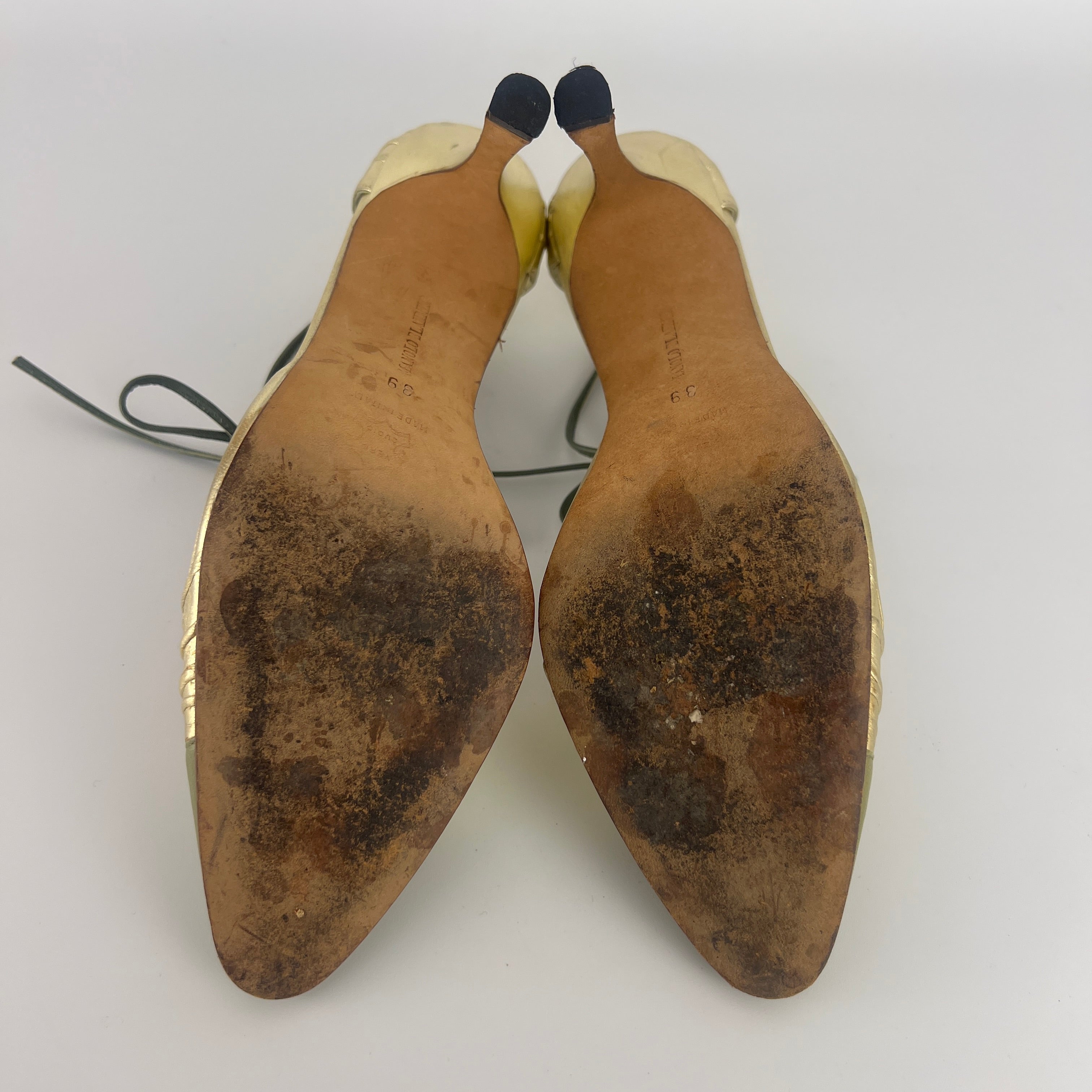 Manolo Blahnik | Metallic Gold Green Leather Ribbon Bow D'Orsay Pumps (39)