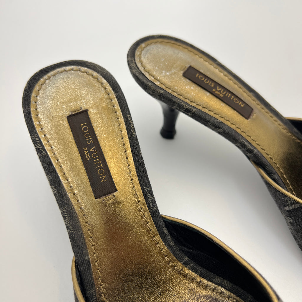 Louis Vuitton | Vintage Black Denim Flower LV Monogram Kitten Heel Mules (35)