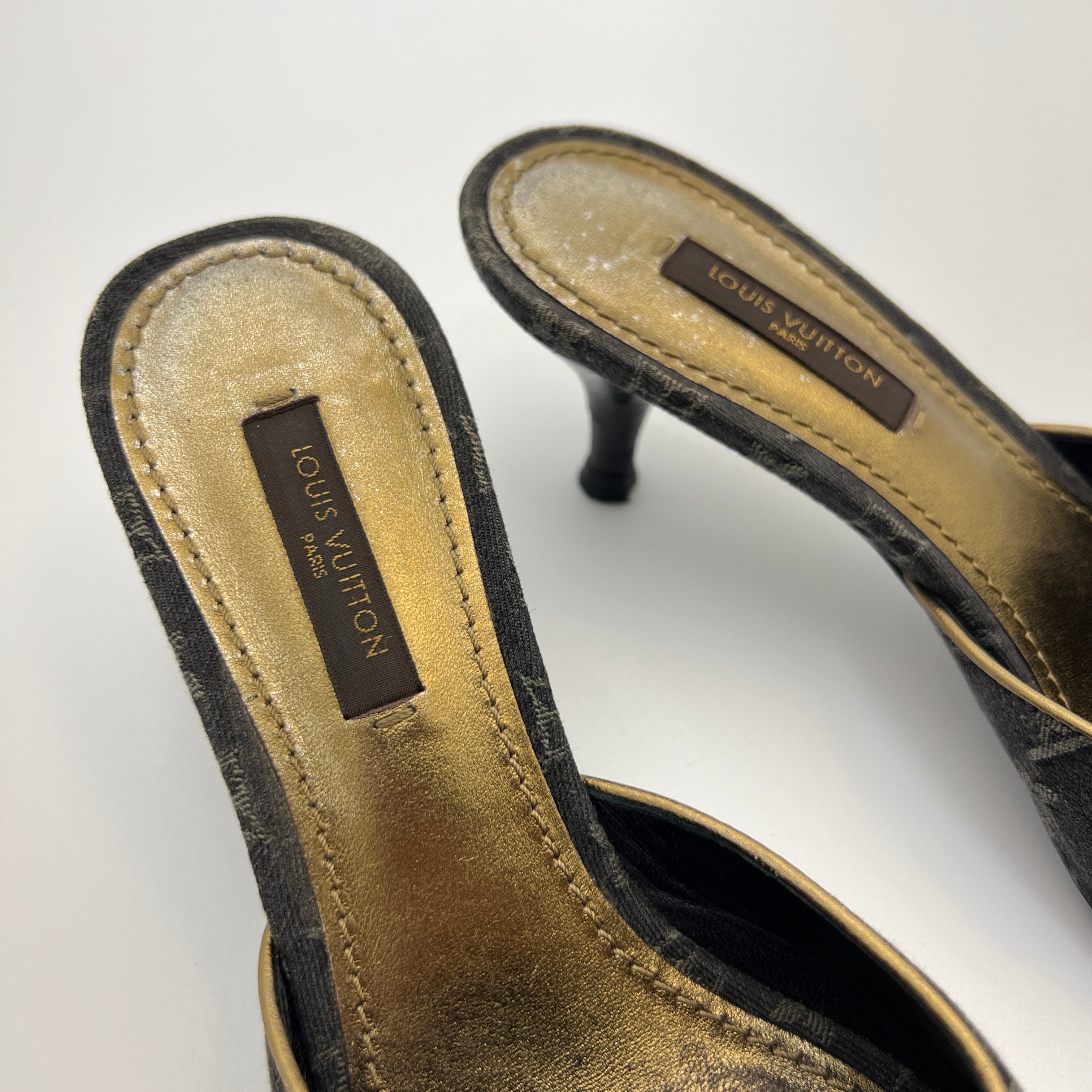 Louis Vuitton | Vintage Black Denim Flower LV Monogram Kitten Heel Mules (35)