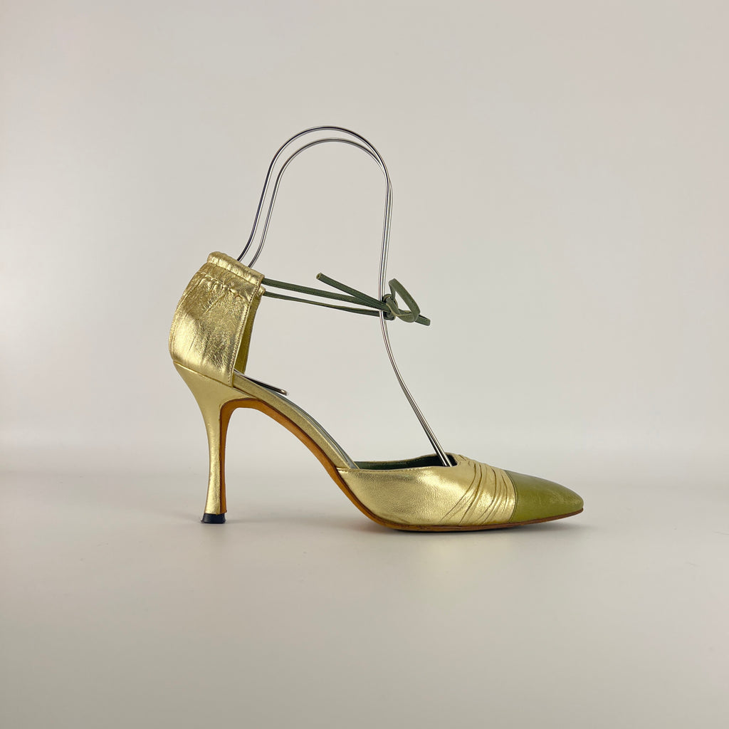Manolo Blahnik | Metallic Gold Green Leather Ribbon Bow D'Orsay Pumps (39)