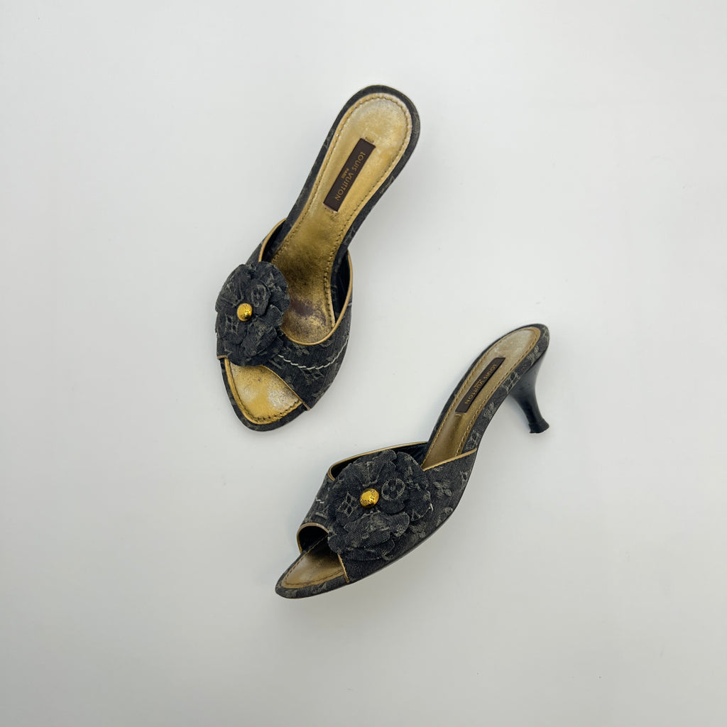 Louis Vuitton | Vintage Black Denim Flower LV Monogram Kitten Heel Mules (35)
