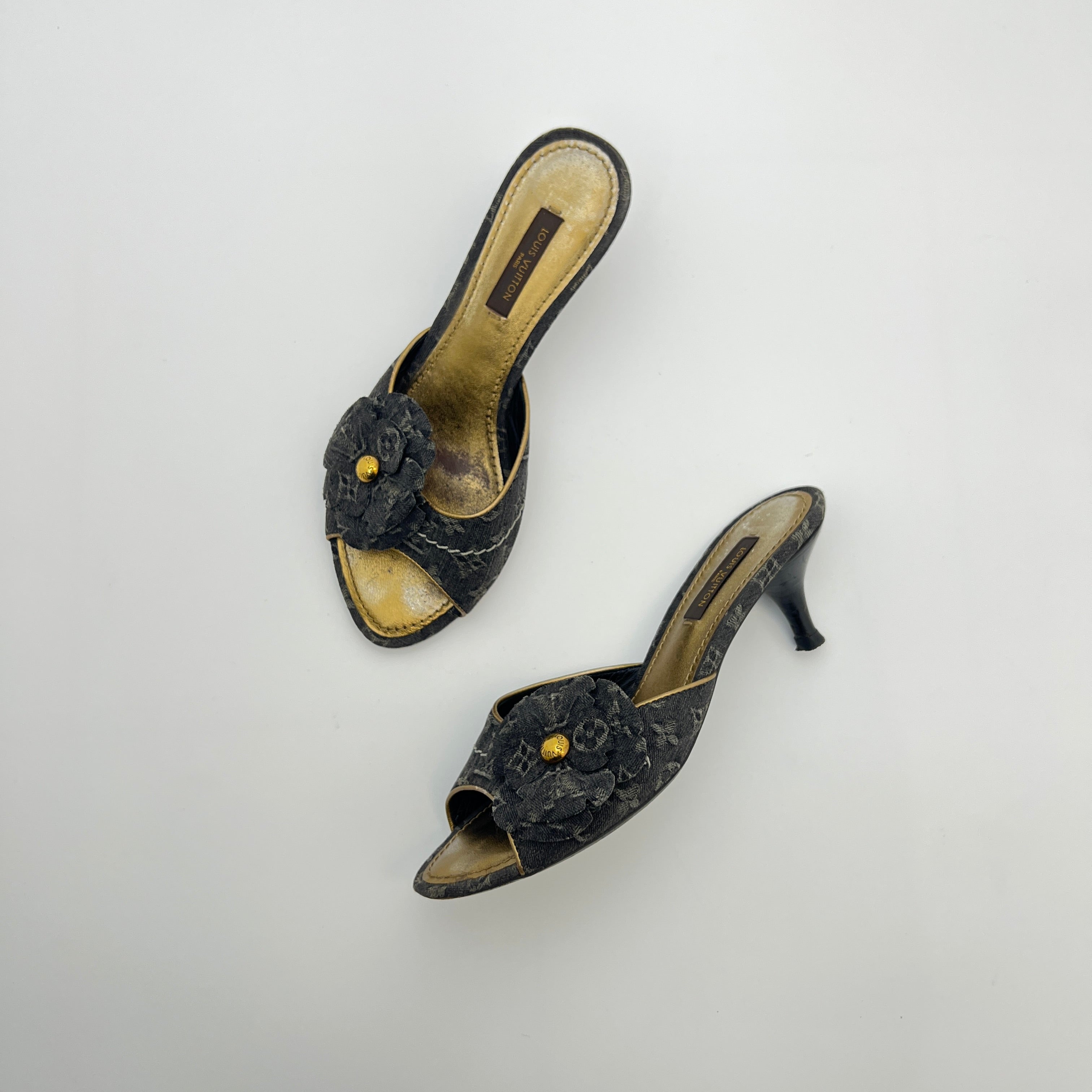 Louis Vuitton | Vintage Black Denim Flower LV Monogram Kitten Heel Mules (35)