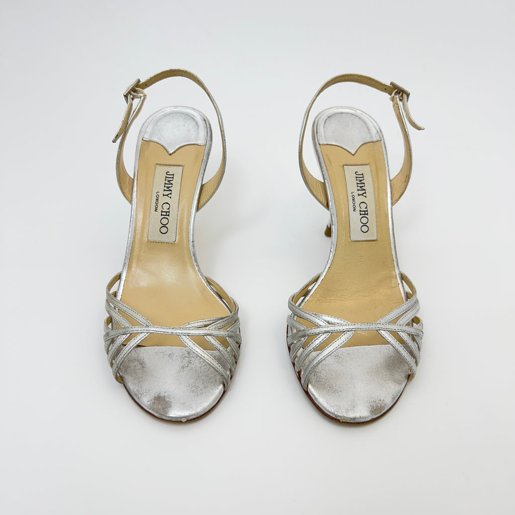 Jimmy Choo | Metallic Silver Leather Strappy Slingback Stiletto Heels (36)