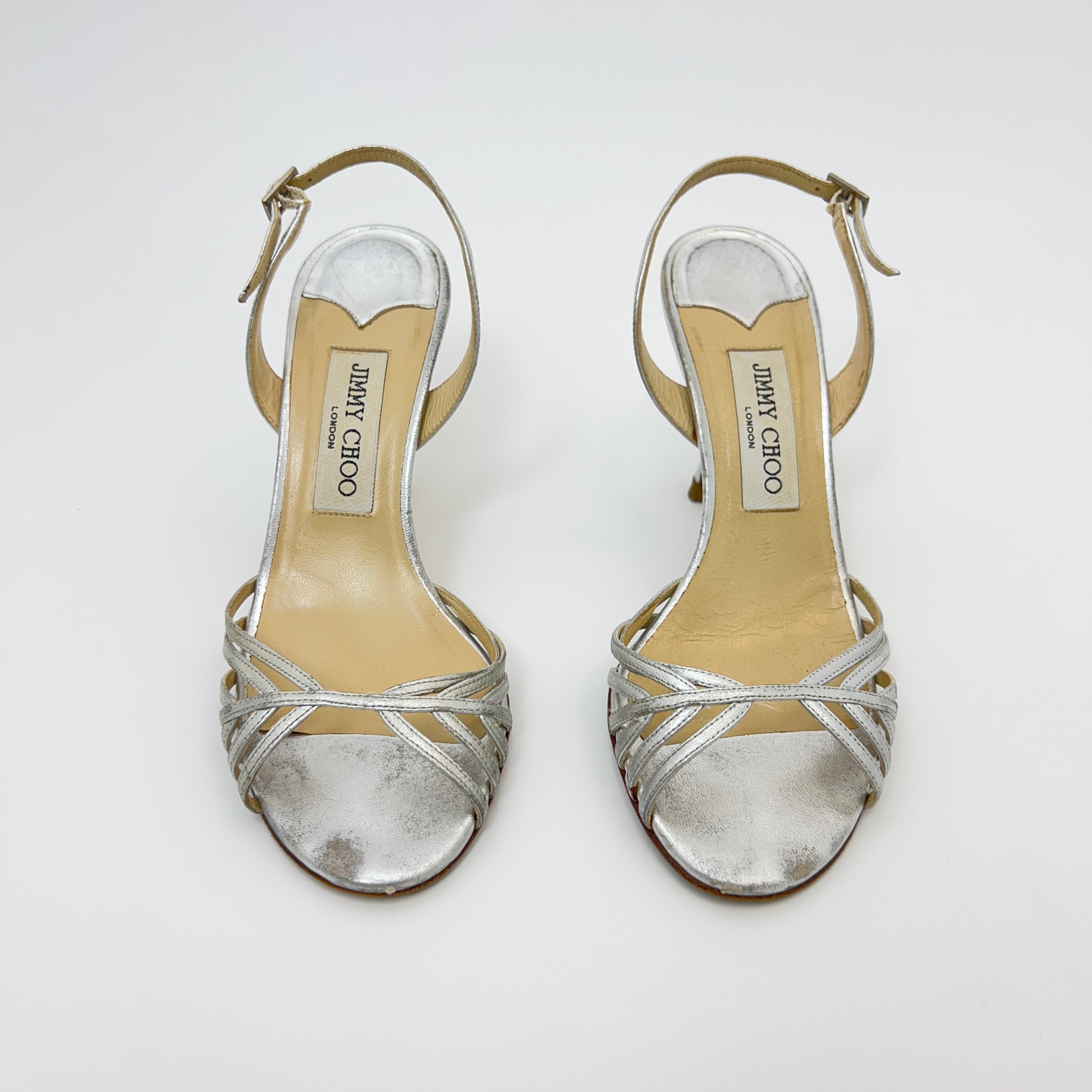 Jimmy Choo | Metallic Silver Leather Strappy Slingback Stiletto Heels (36)