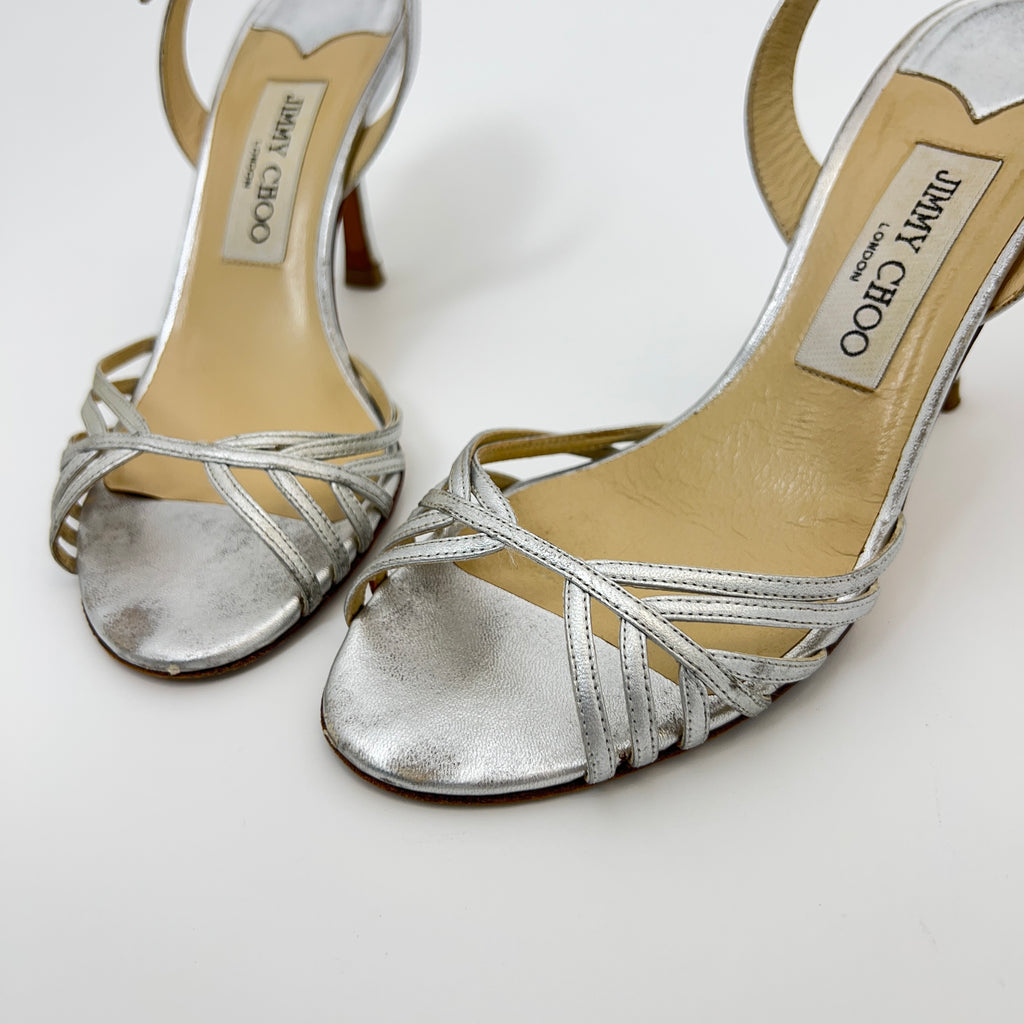Jimmy Choo | Metallic Silver Leather Strappy Slingback Stiletto Heels (36)