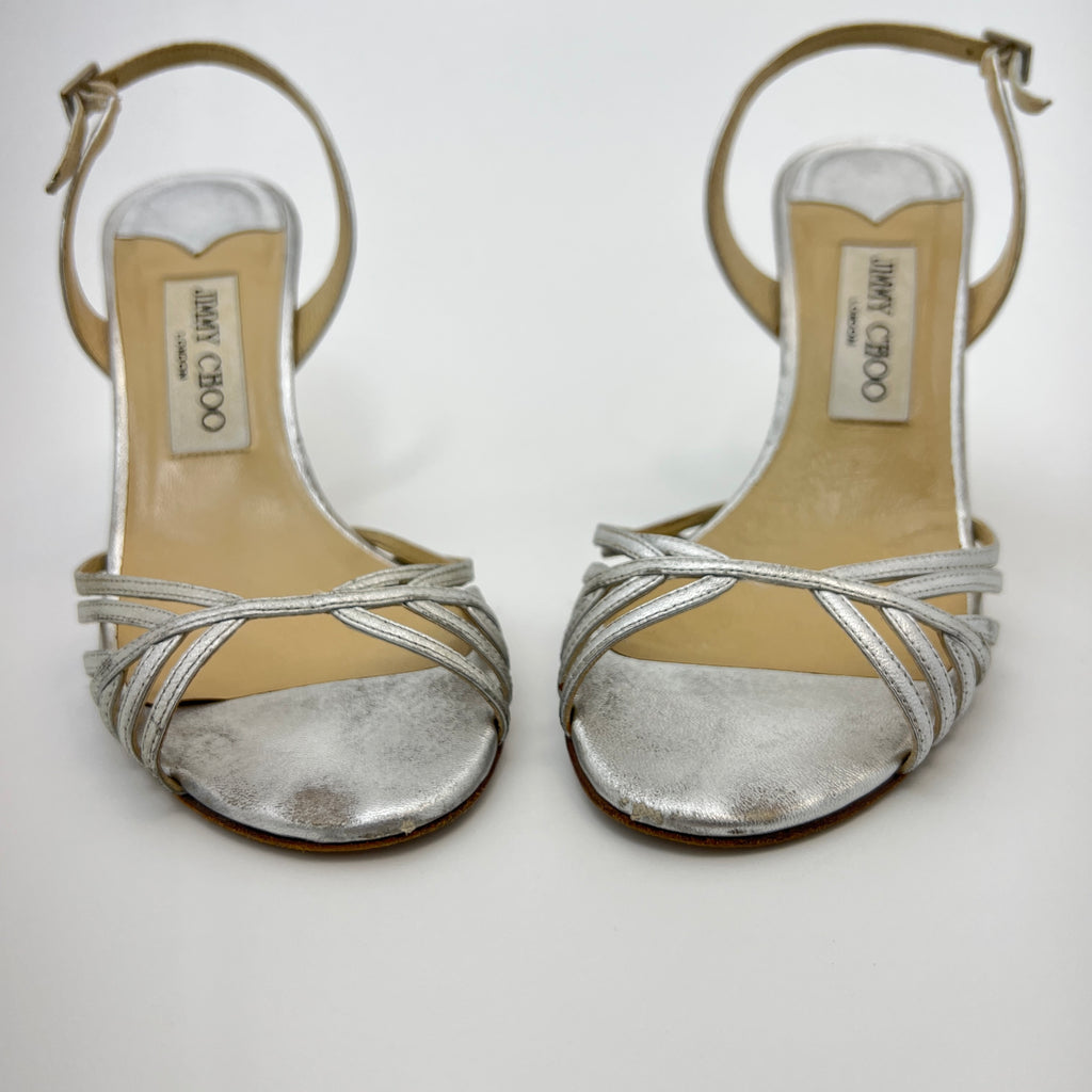 Jimmy Choo | Metallic Silver Leather Strappy Slingback Stiletto Heels (36)