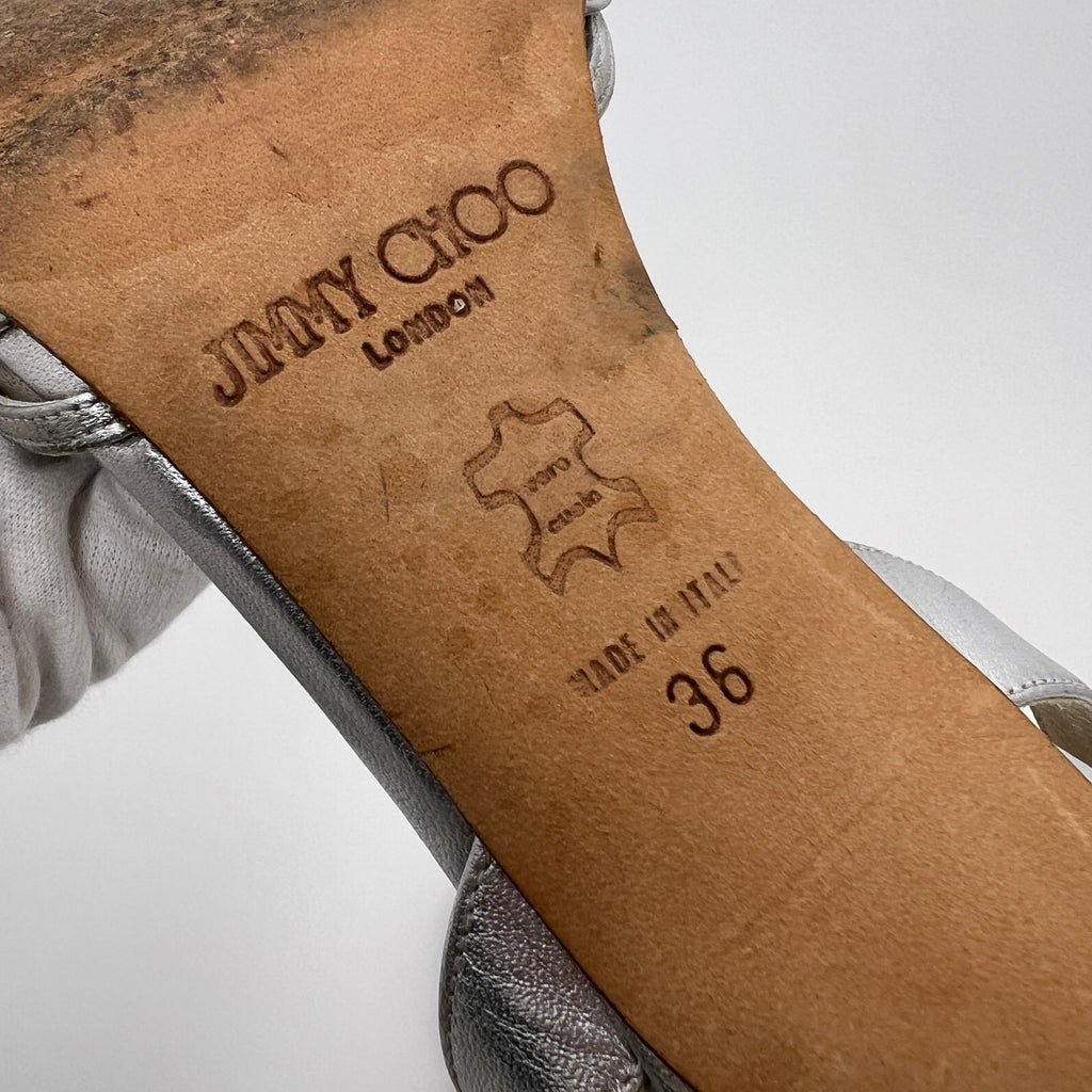 Jimmy Choo | Metallic Silver Leather Strappy Slingback Stiletto Heels (36)
