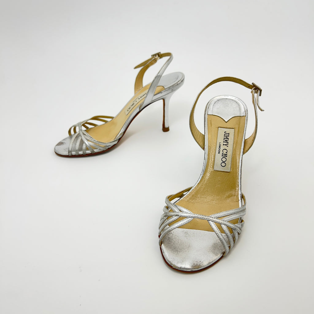 Jimmy Choo | Metallic Silver Leather Strappy Slingback Stiletto Heels (36)