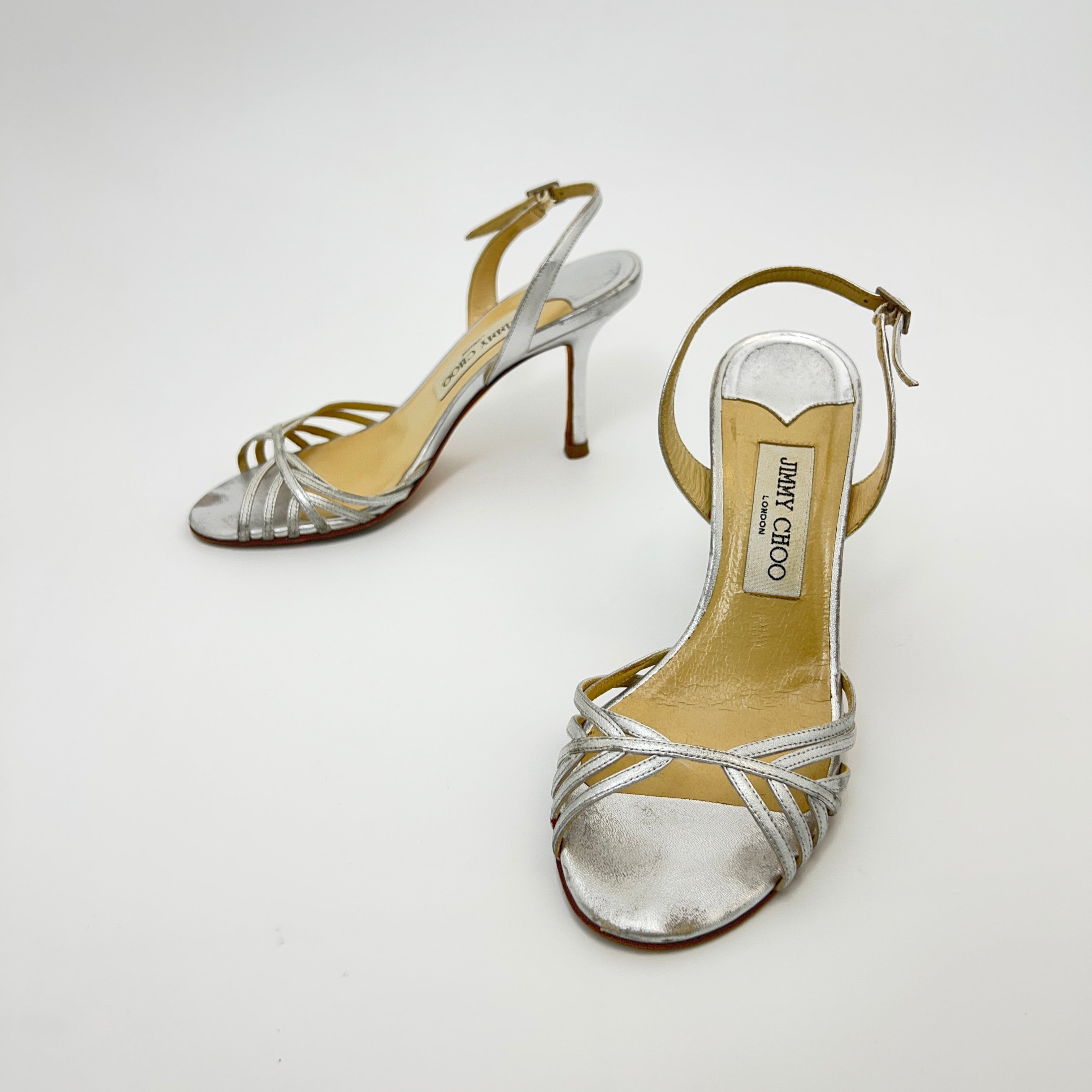Jimmy Choo | Metallic Silver Leather Strappy Slingback Stiletto Heels (36)