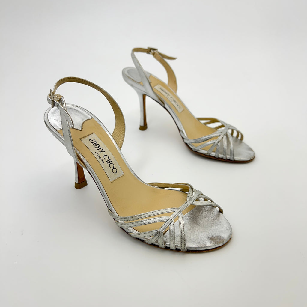 Jimmy Choo | Metallic Silver Leather Strappy Slingback Stiletto Heels (36)