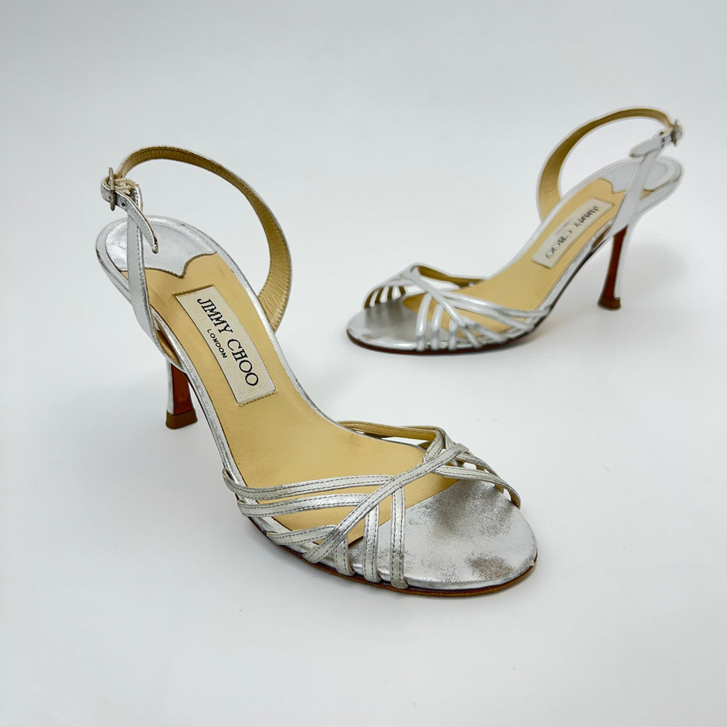 Jimmy Choo | Metallic Silver Leather Strappy Slingback Stiletto Heels (36)