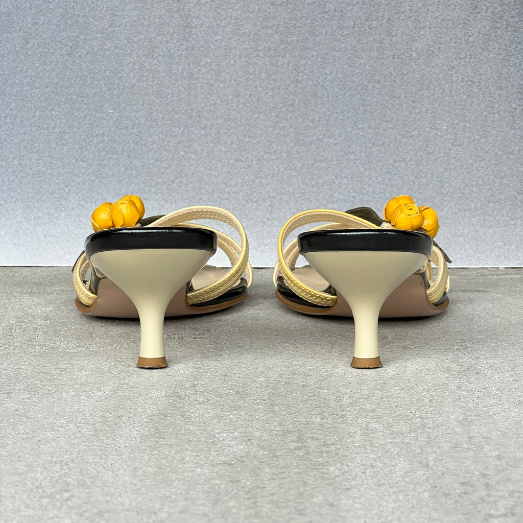 Jill Stuart | Yellow Flower Applique Black Patent Leather Kitten Heel Mules (M, 36)