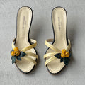 Jill Stuart | Yellow Flower Applique Black Patent Leather Kitten Heel Mules (M, 36)