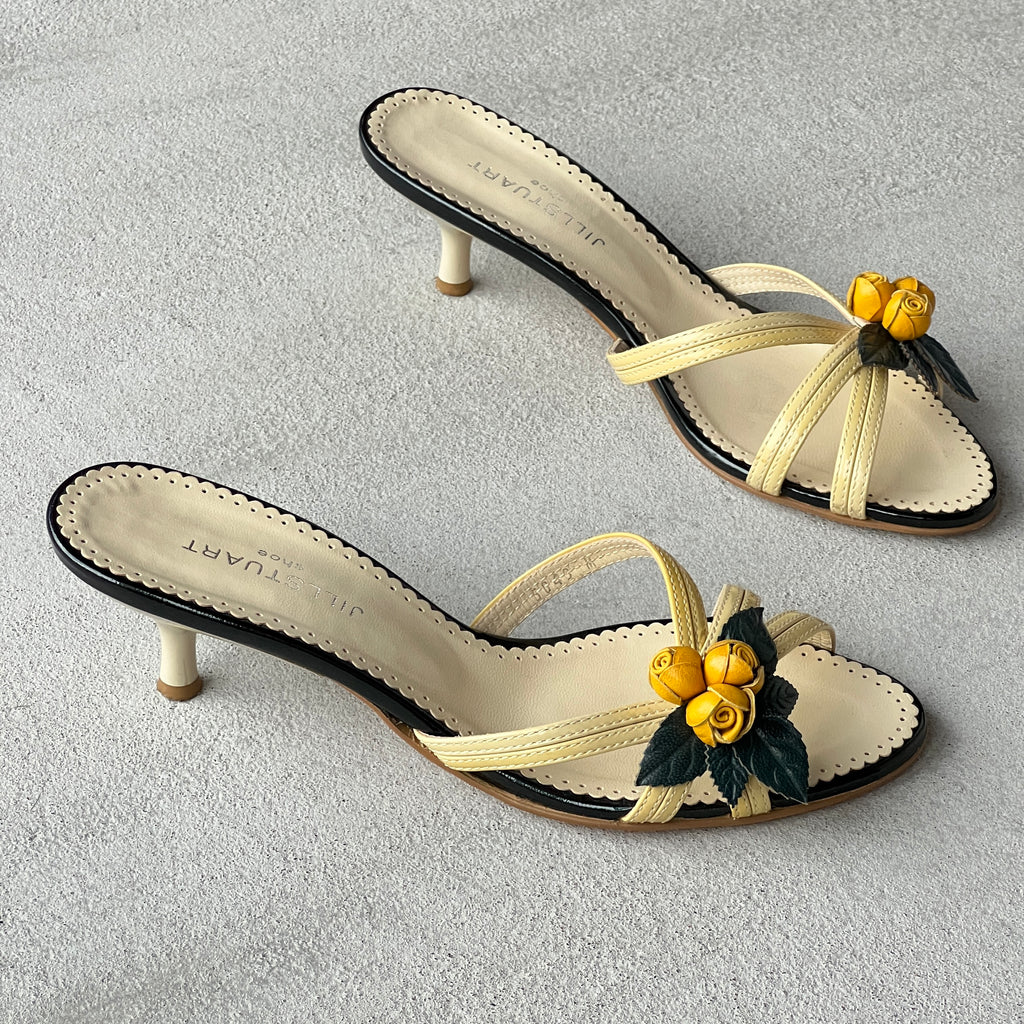 Jill Stuart | Yellow Flower Applique Black Patent Leather Kitten Heel Mules (M, 36)