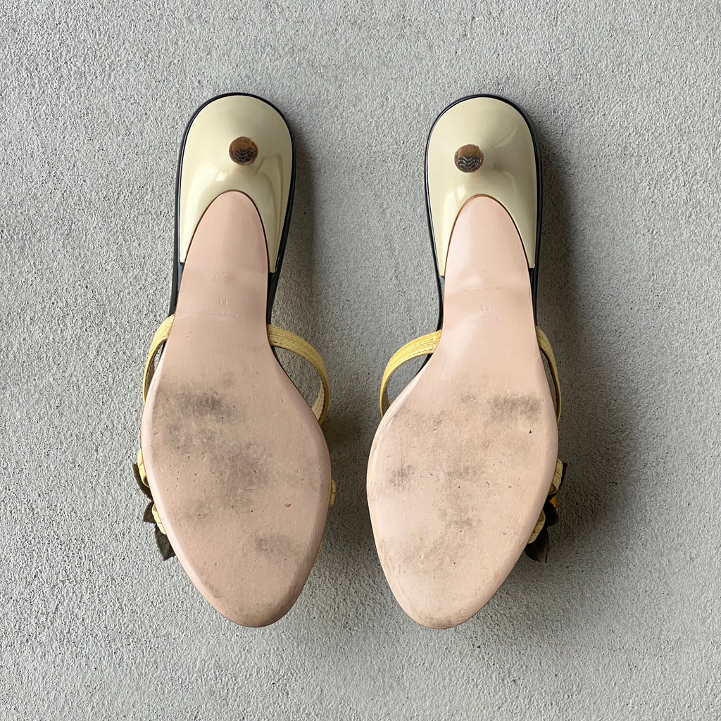 Jill Stuart | Yellow Flower Applique Black Patent Leather Kitten Heel Mules (M, 36)