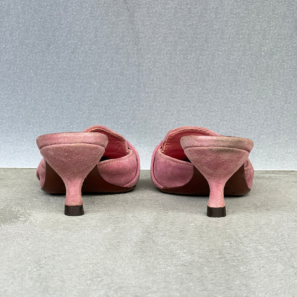 Prada | Vintage Y2K Pink Suede Leather Silver Buckle Pointed Mules (35.5)