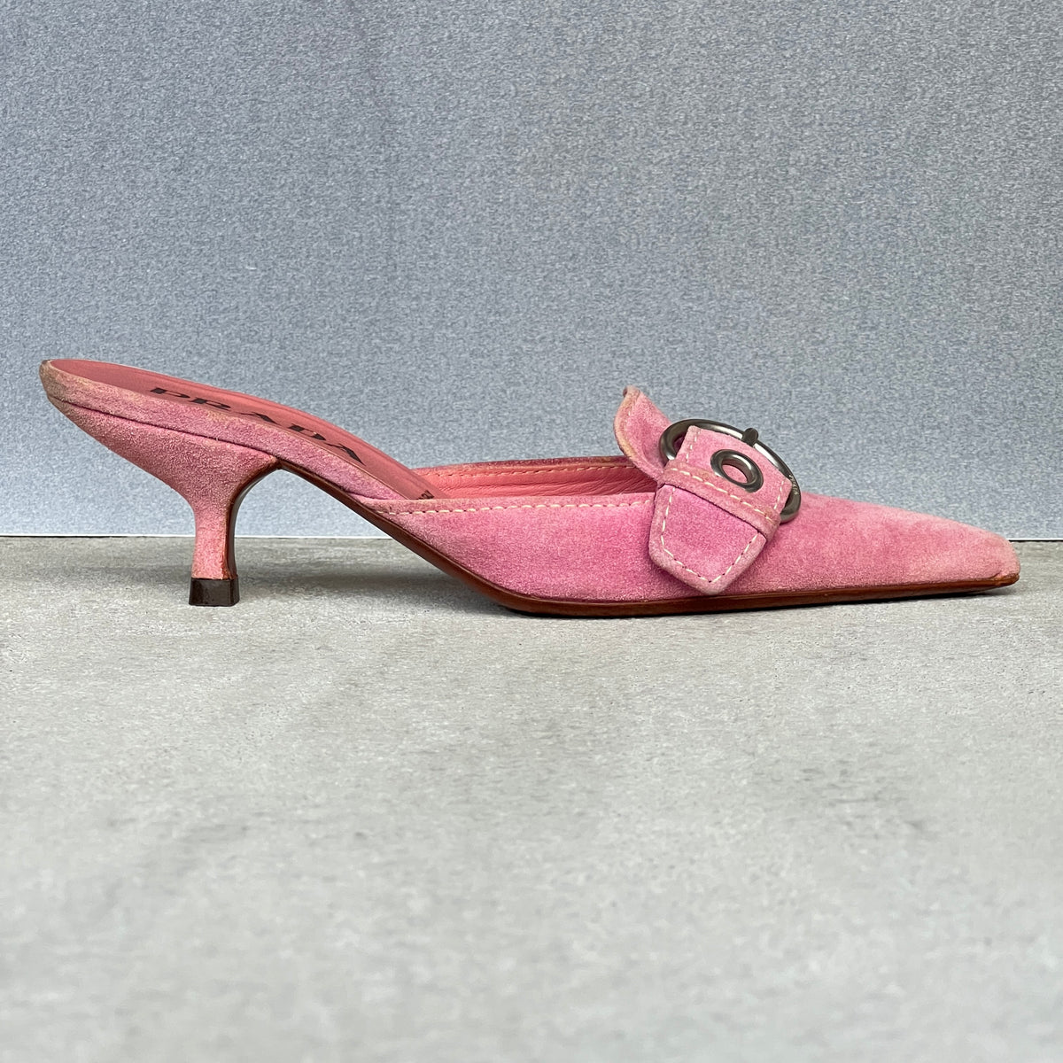 Prada | Vintage Y2K Pink Suede Leather Silver Buckle Pointed Mules (35.5)