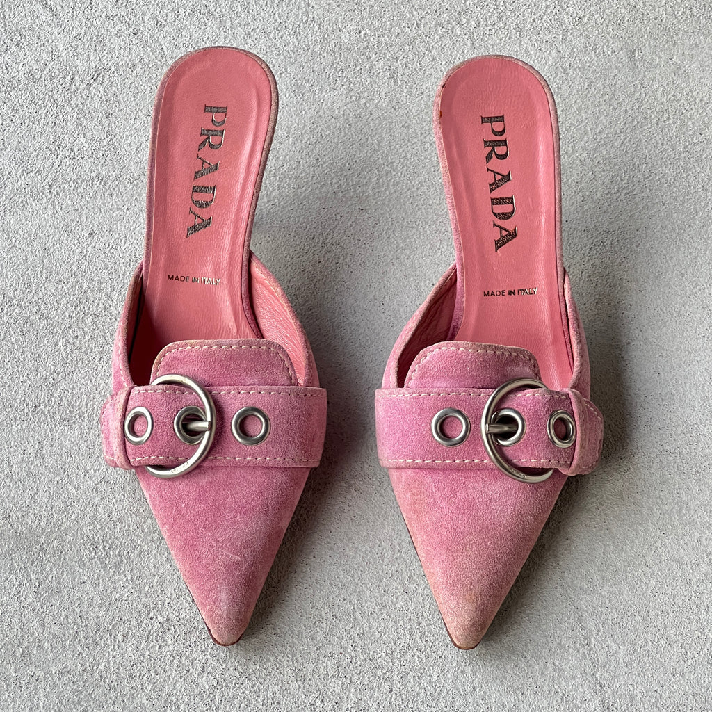 Prada | Vintage Y2K Pink Suede Leather Silver Buckle Pointed Mules (35.5)