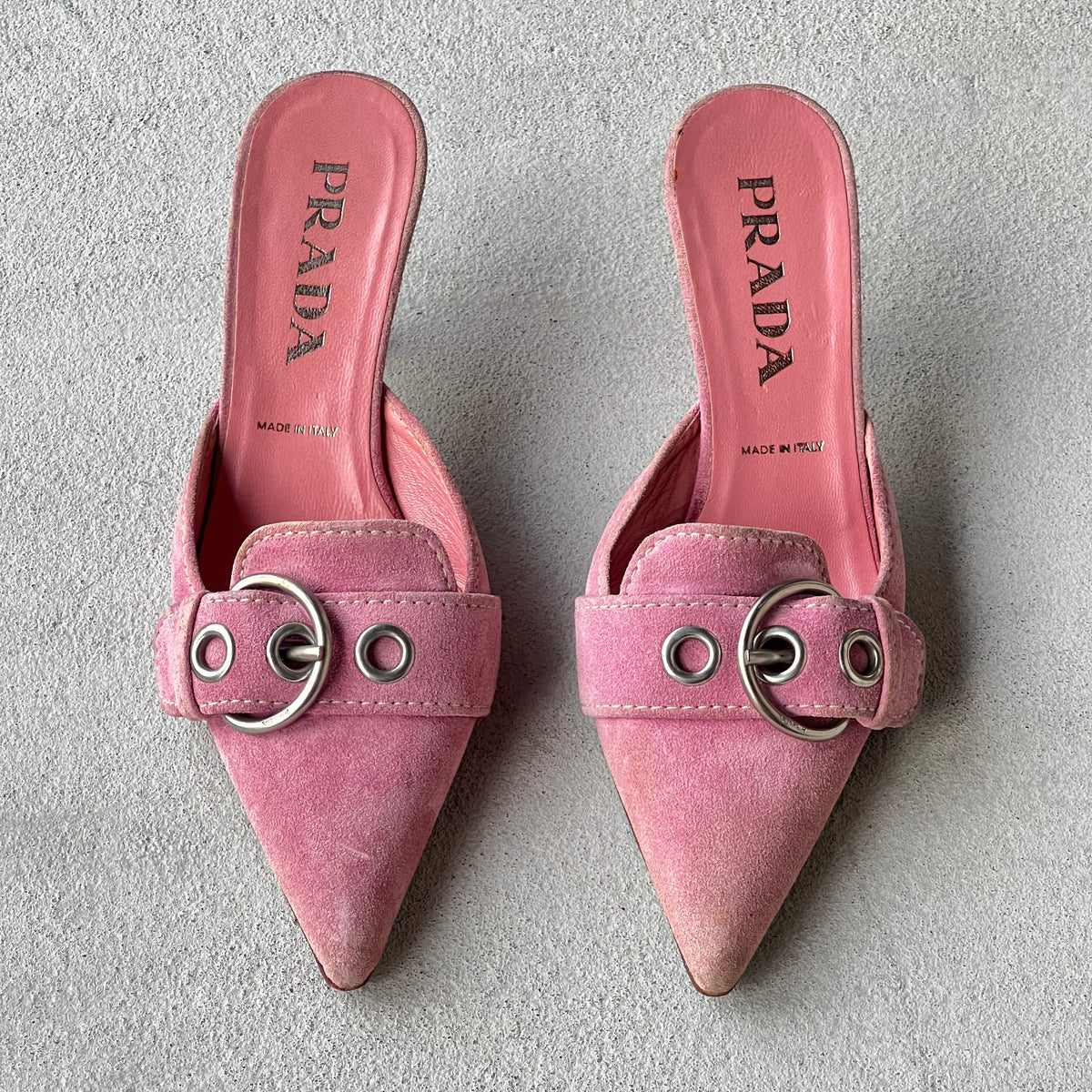 Prada | Vintage Y2K Pink Suede Leather Silver Buckle Pointed Mules (35.5)