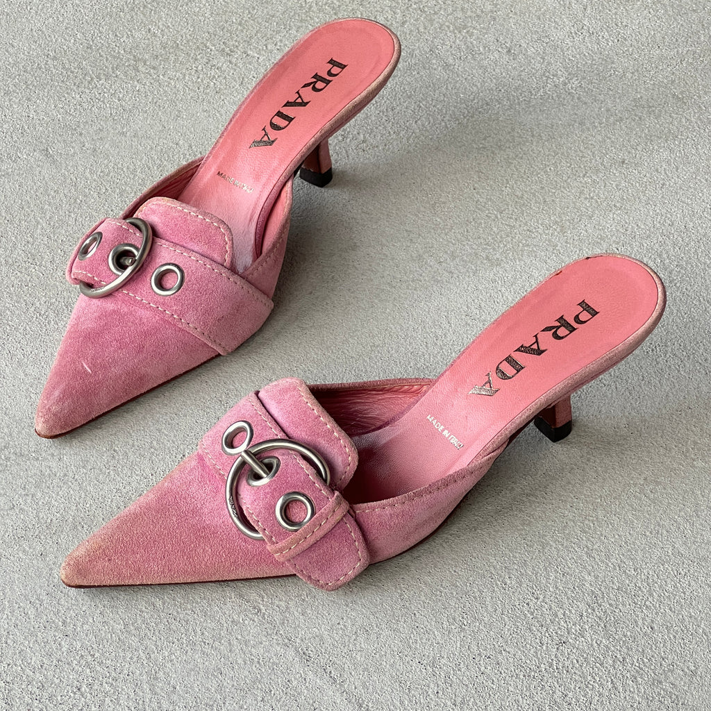 Prada | Vintage Y2K Pink Suede Leather Silver Buckle Pointed Mules (35.5)
