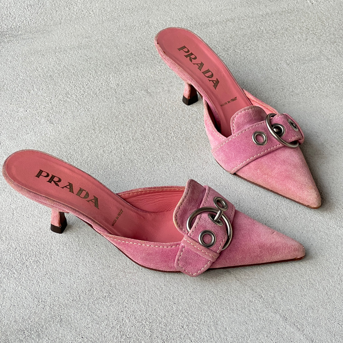 Prada | Vintage Y2K Pink Suede Leather Silver Buckle Pointed Mules (35.5)