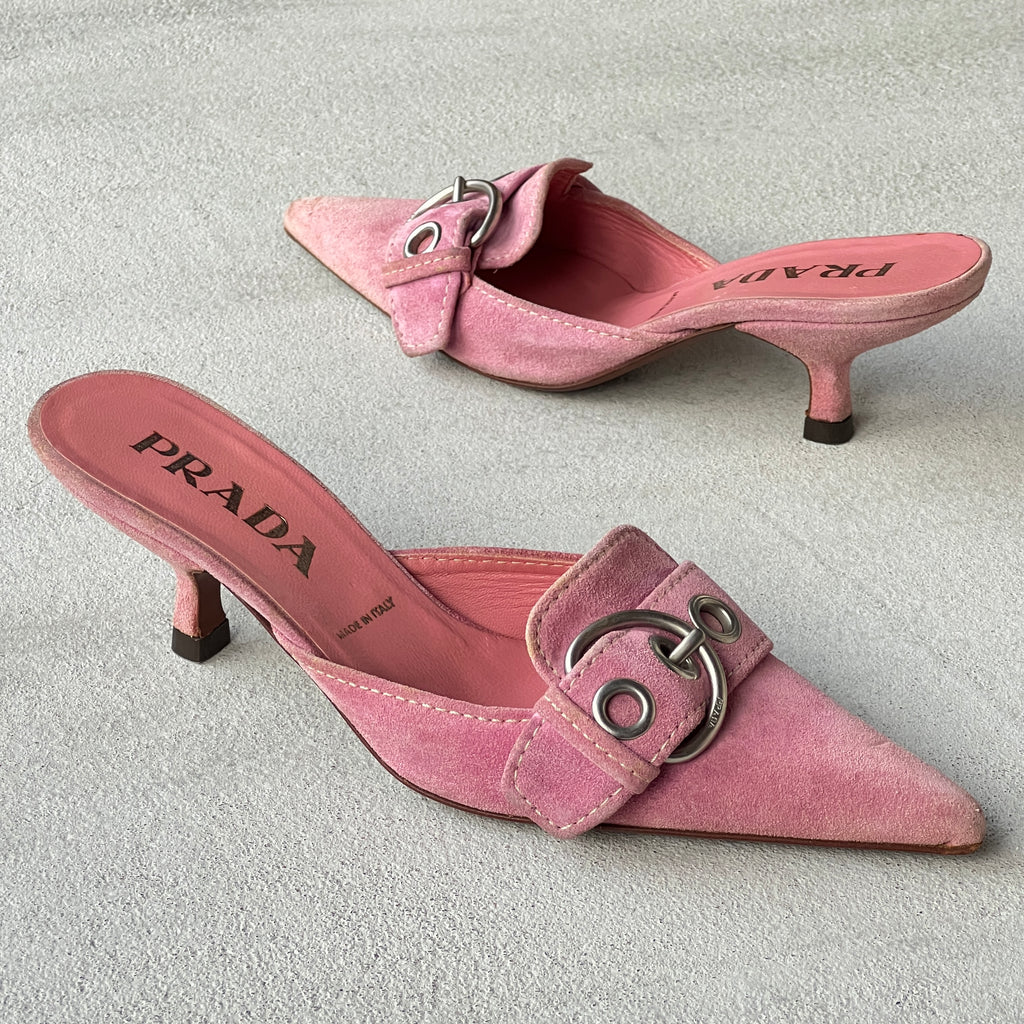 Prada | Vintage Y2K Pink Suede Leather Silver Buckle Pointed Mules (35.5)