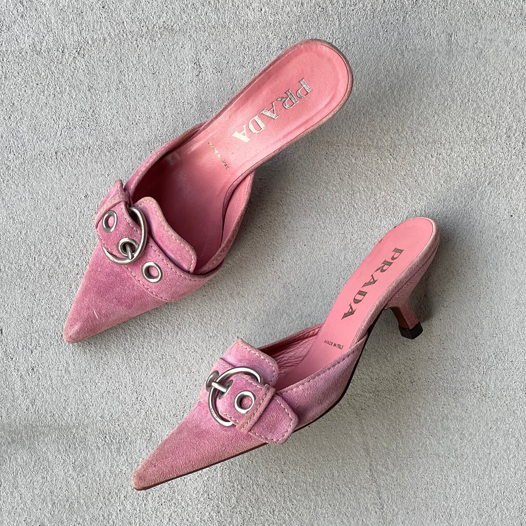 Prada | Vintage Y2K Pink Suede Leather Silver Buckle Pointed Mules (35.5)