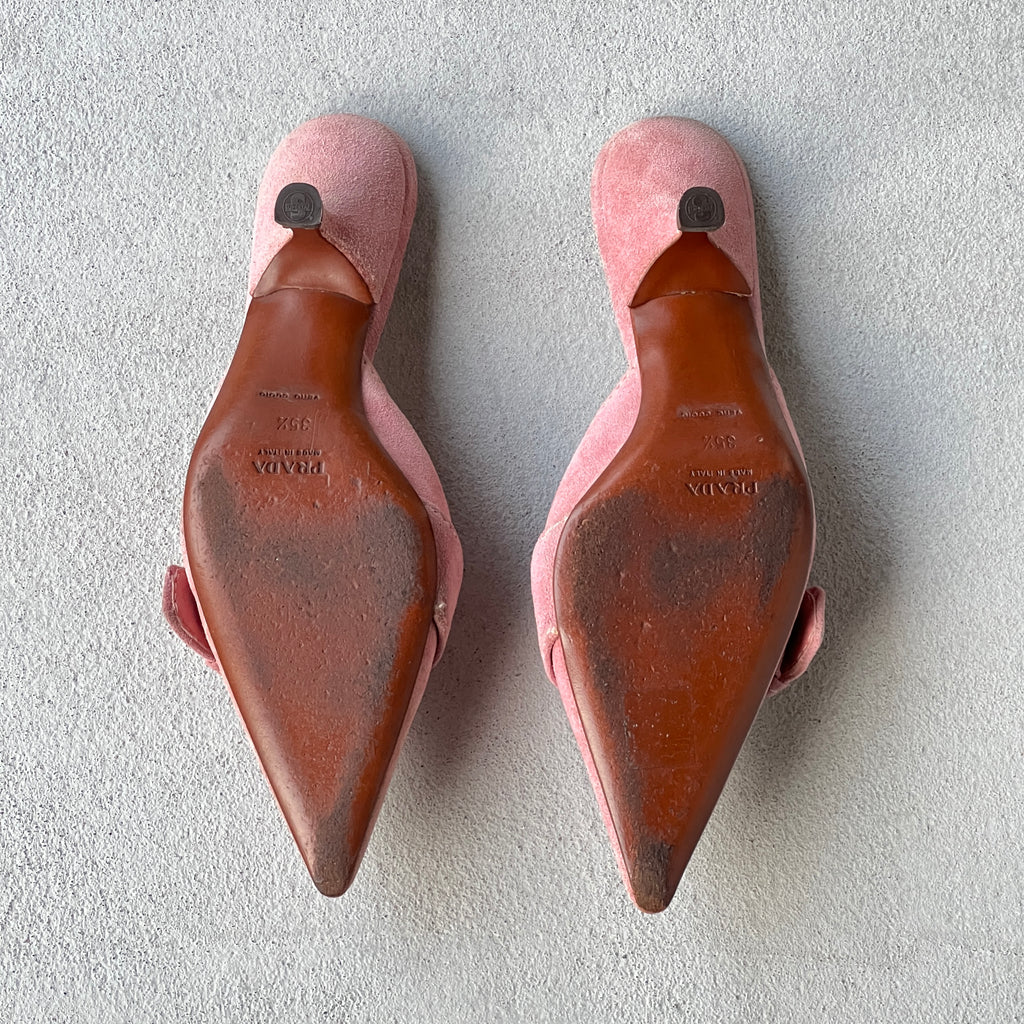 Prada | Vintage Y2K Pink Suede Leather Silver Buckle Pointed Mules (35.5)