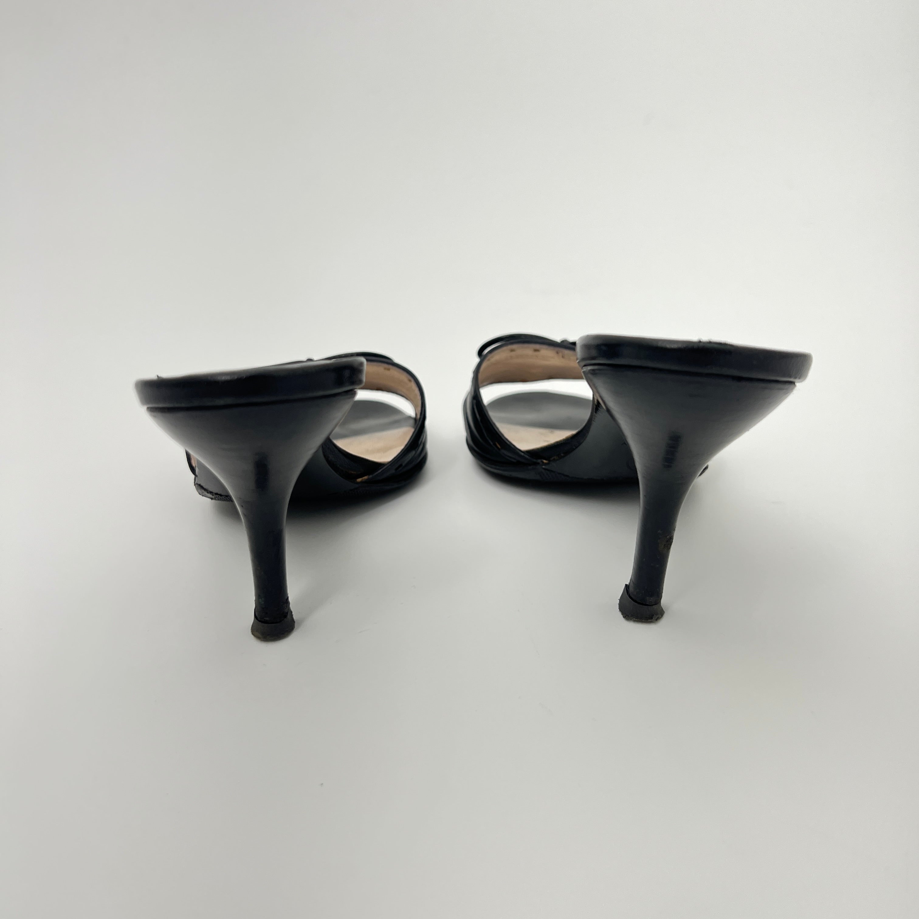 Chanel | Vintage Black Leather CC Logo Ribbon Bow Mules (34.5)