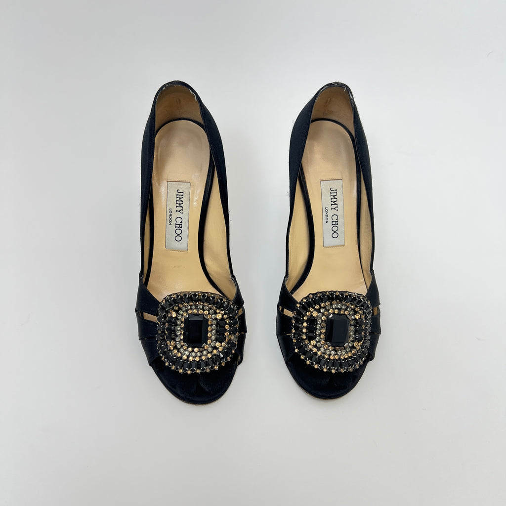 Jimmy Choo | Black Satin Crystal Brooch Peep Toe Stiletto Pumps (38)