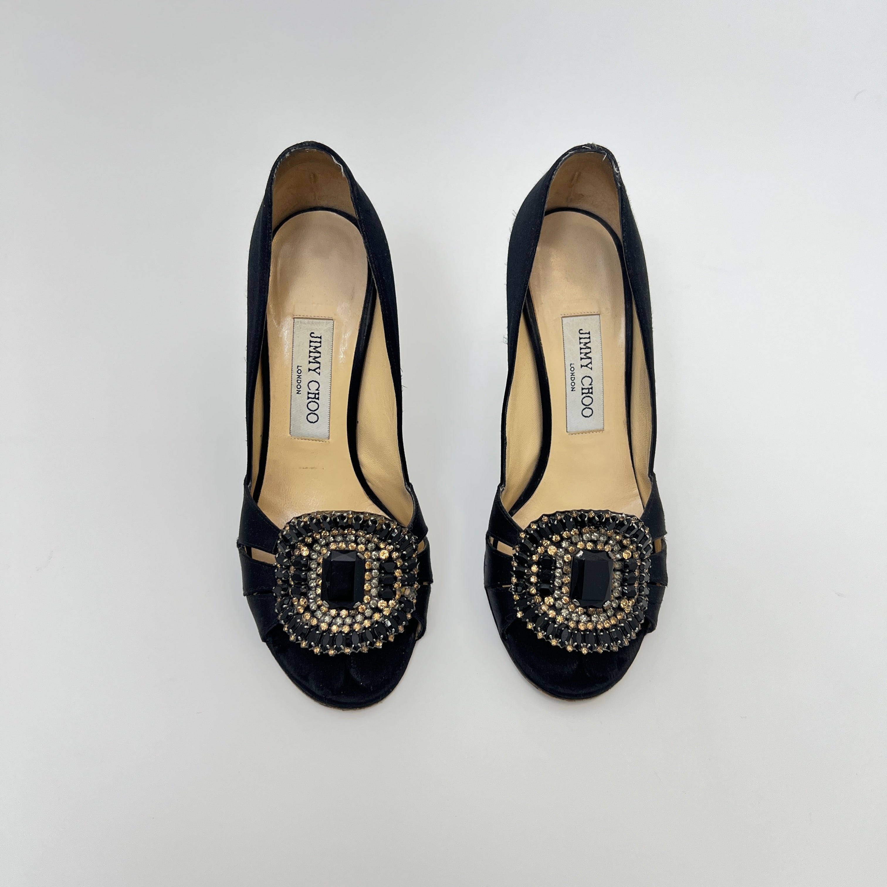 Jimmy Choo | Black Satin Crystal Brooch Peep Toe Stiletto Pumps (38)