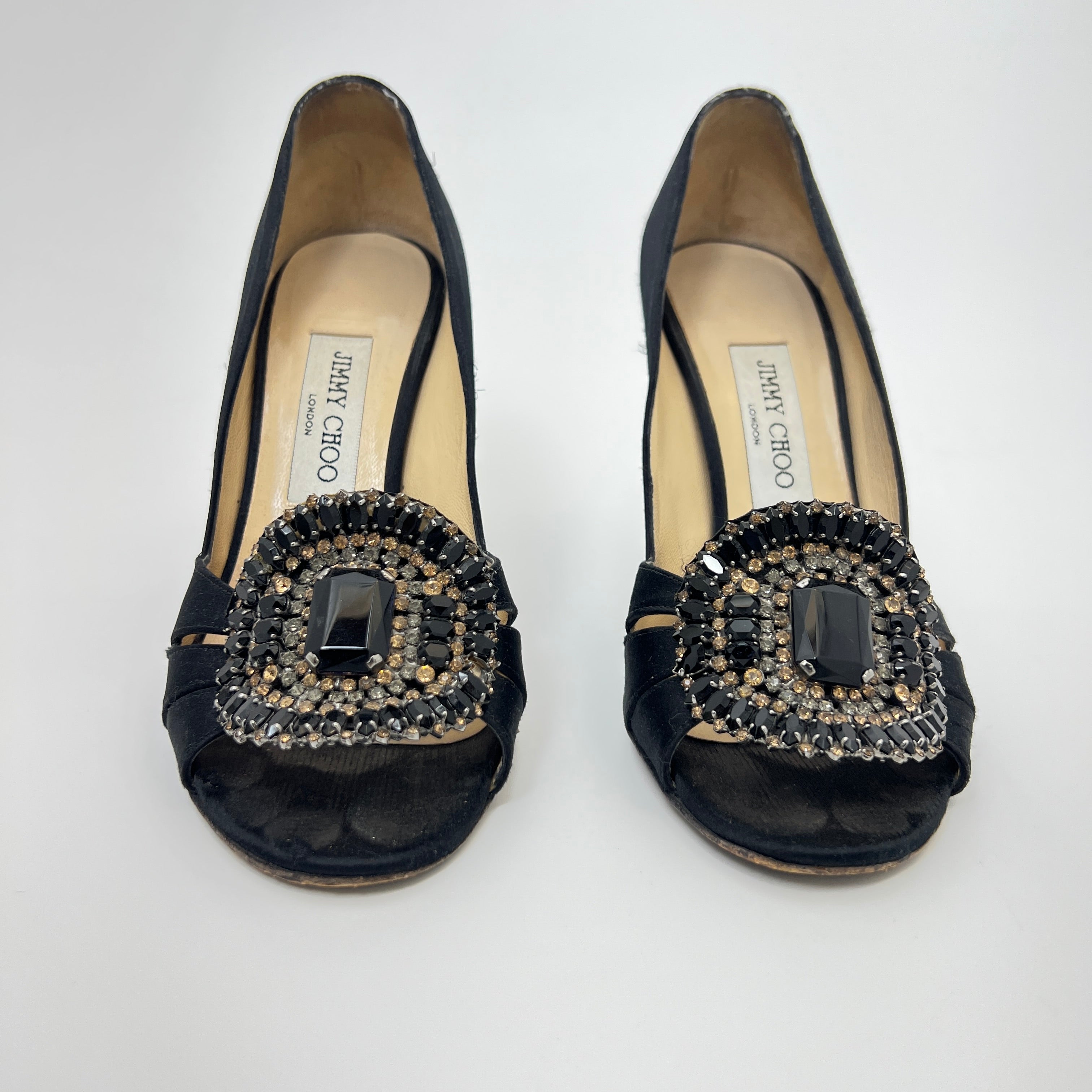 Jimmy Choo | Black Satin Crystal Brooch Peep Toe Stiletto Pumps (38)