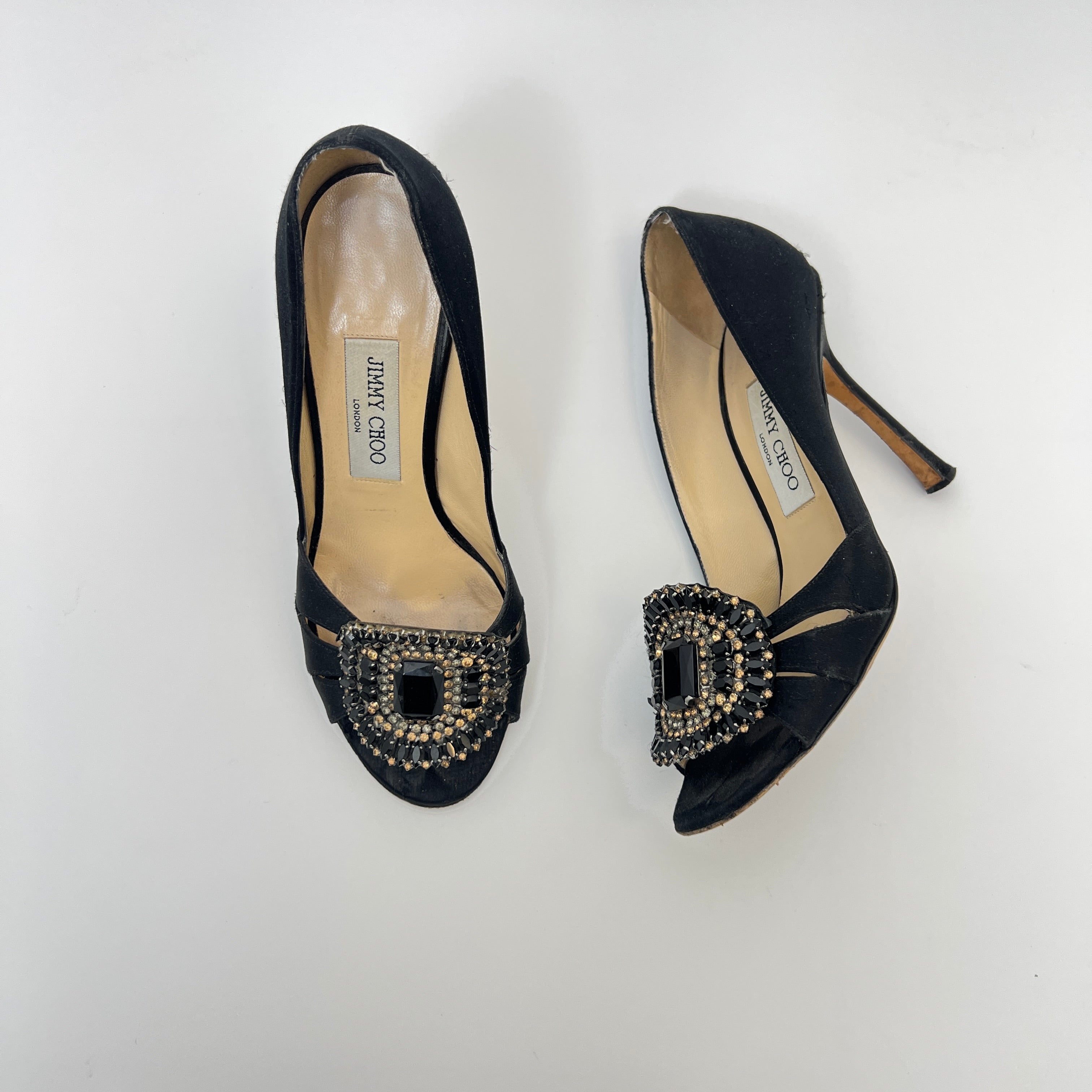 Jimmy Choo | Black Satin Crystal Brooch Peep Toe Stiletto Pumps (38)