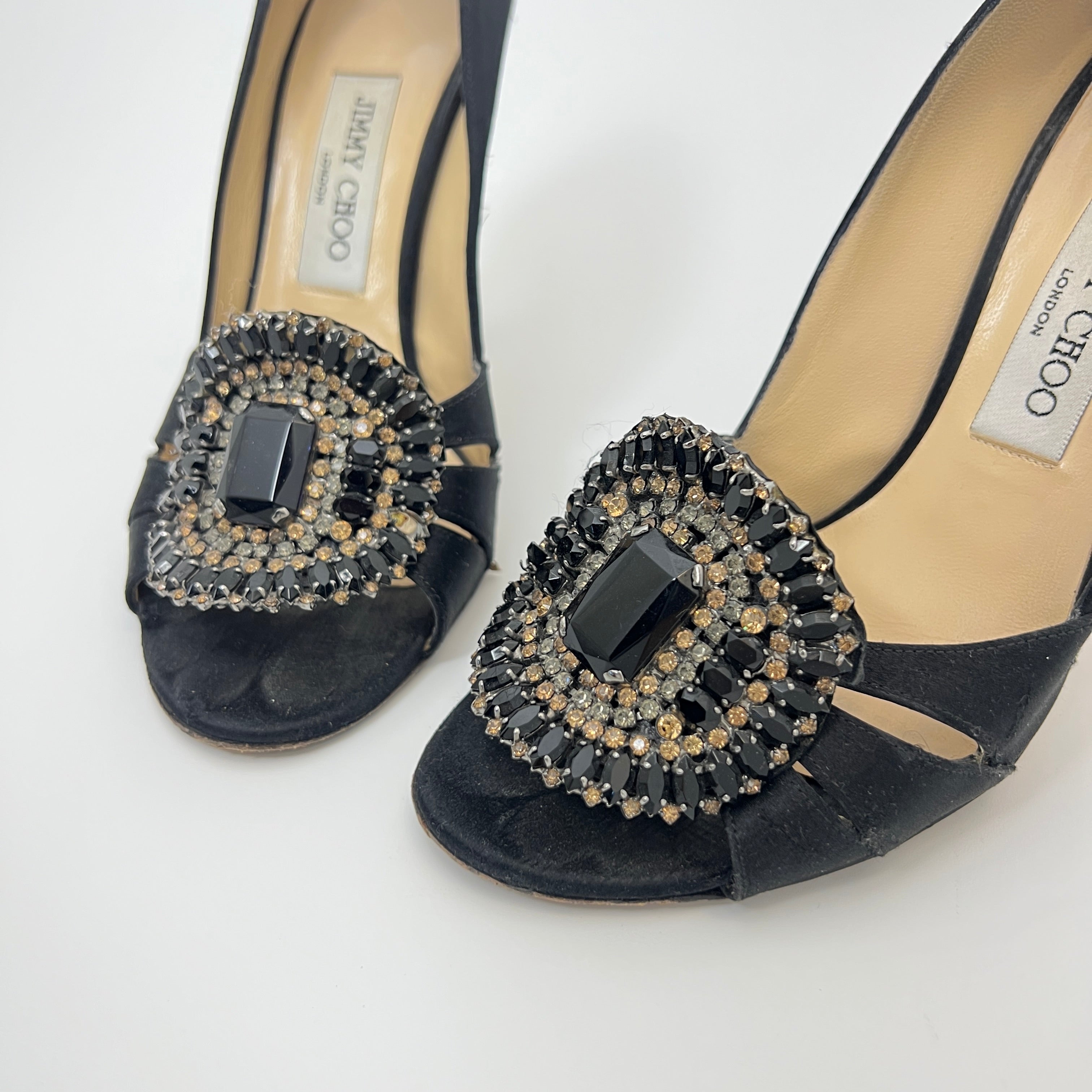 Jimmy Choo | Black Satin Crystal Brooch Peep Toe Stiletto Pumps (38)
