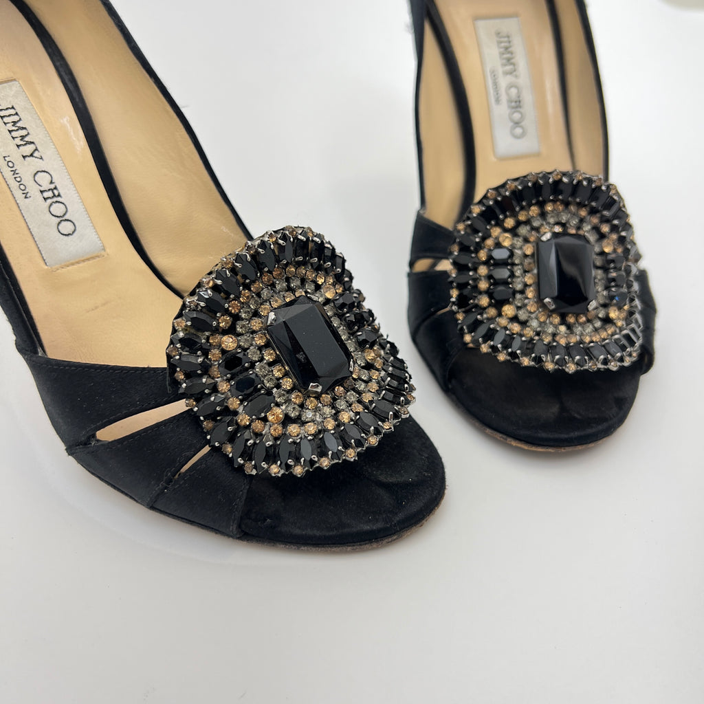 Jimmy Choo | Black Satin Crystal Brooch Peep Toe Stiletto Pumps (38)