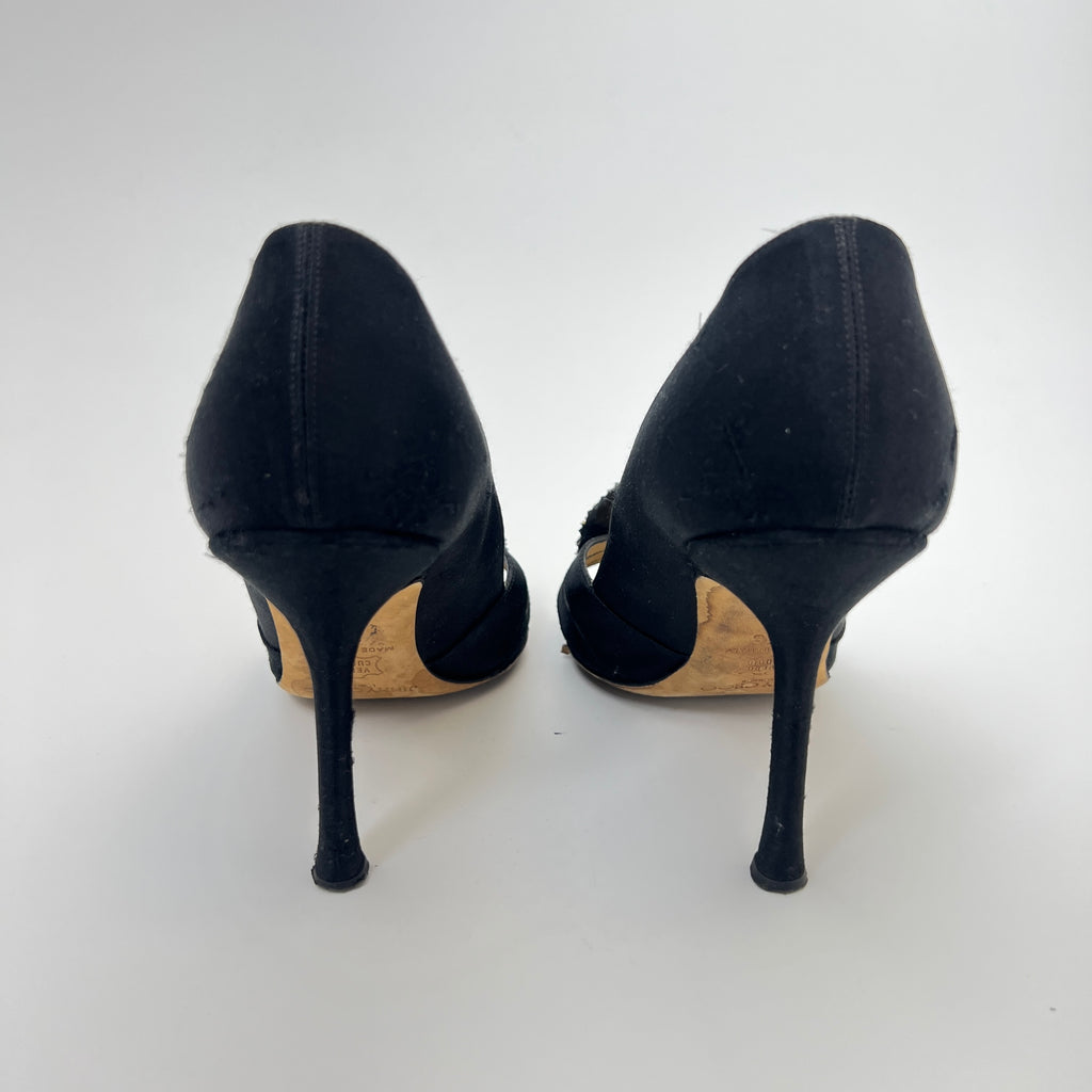 Jimmy Choo | Black Satin Crystal Brooch Peep Toe Stiletto Pumps (38)